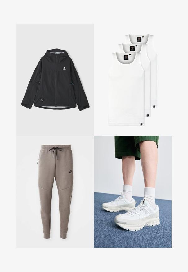 Jachetă impermeabilă neagră cu glugă, având un logo unghiular, fermoar frontal, mansete ajustabile și un accent reflectorizant pe tiv.; Trei maieuri albe ribbate din bumbac. Au un guler rotund și etichete negre mici lângă tiv. Disponibile în mai multe mărimi.; Pantaloni de trening gri Nike cu un braț de strângere la talie, picioare conice, buzunare laterale și detalii de cusătură distincte. Material moale, texturat.; Pantofi sport albi cu suprapuneri texturate, talpă masivă și accente gri. Purtați cu șosete albe până la glezne și pantaloni scurți verzi pe o suprafață albastră.