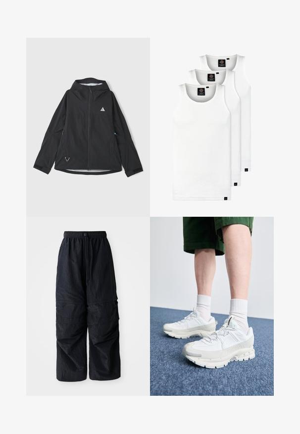 Juodas vandeniui atsparus džemperis su kapišonu, su kampiniu logotipu, su užtrauktuku priekyje, reguliuojamais rankogaliais ir atspindinčia akcentu ant apačios.; Trys balti, dryžuoti marškiniai be rankovių, pagaminti iš medvilnės. Yra apvalus kaklas ir maži juodi etiketės netoli siūlės. Siūlomi įvairių dydžių.; Juodos lengvos nailono cargo kelnės su elastingu juosmeniu, reguliuojamu raišteliu ir daugybe sluoksniuotų kišenių ant kojų.; Baltos sportinės bateliai su tekstūruotais uždengimais, masyviu padu ir pilkais akcentais. Dėvimi su baltais trumpais kojiniais ir žaliais šortais mėlyname paviršiuje.
