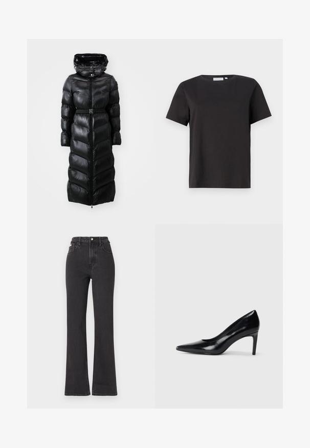 Abrigo largo negro tipo puff con acabado brillante, capucha, diseño de acolchado en forma de Chevron, cierre de cremallera y cinturón en la cintura para una silueta ajustada.; Camiseta de algodón negra con mangas cortas, un escote redondo y un diseño simple y limpio. Sin patrones o adornos visibles.; Jeans de cintura alta negros en tejido de mezclilla, con cierre de botón, presillas para cinturón y bolsillos laterales. Textura suave con un desvanecimiento mínimo.; Zapato de tacón alto de cuero negro con punta afilada, textura suave y tacón en forma de cono. Diseño minimalista, sin adornos adicionales.