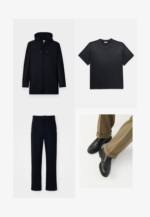 Sort hættejakke med minimalistisk design. Har sidelommer, glat tekstur og en lige silhuet. Moderne og funktionel stil.; Sort bomuld t-shirt med rund halsudskæring og korte ærmer. Har en afslappet pasform, glat tekstur og minimalistisk design.; Mørkeblå bukser lavet af bomuld, med en lige ben-design, en frontknaplukning og en klassisk talje med bæltestropper.; Sorte læder dress sko med en glat finish, med snørebånd og rund tå, parret med opsmøgede khaki bukser.