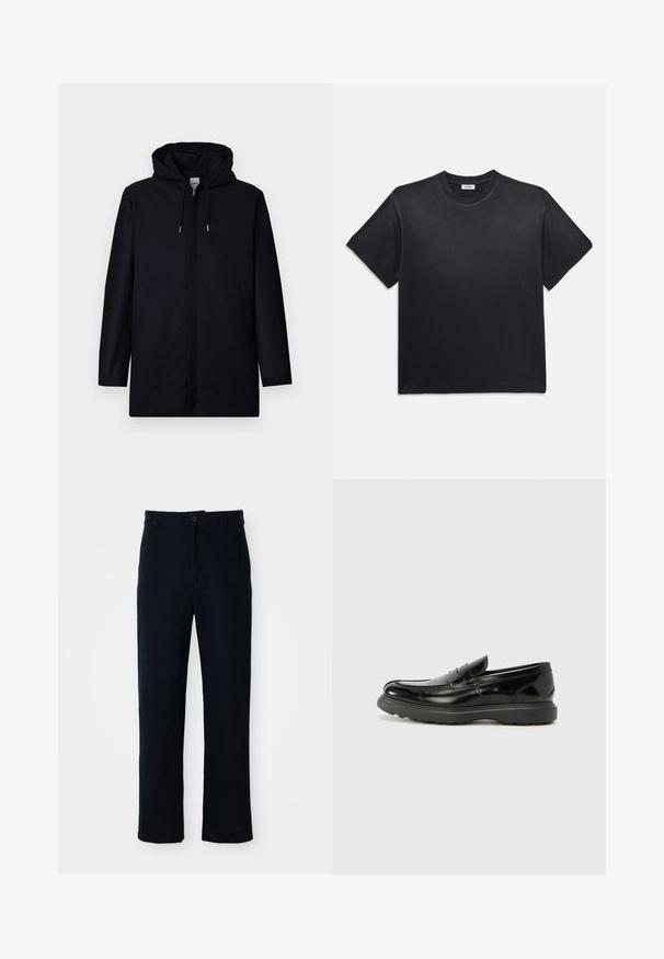 Melns kapuces mētelis ar minimālistisku dizainu. Aprīkots ar sānu kabatām, gludu tekstūru un taisnu siluetu. Mūsdienīgs un funkcionāls stils.; Melna kokvilnas T-kreklā ar apaļu kakla izgriezumu un īsām piedurknēm. Iezīmējas ar brīvu piegriezumu, gludu tekstūru un minimālistisku dizainu.; Kokvilnas tumši zilas bikses ar taisnu kāju dizainu, priekšējo pogu aizdari un klasisku jostasvietu ar jostas cilpiņām.; Melnas ādas loafers ar spīdīgu apdari, noapaļota pirksta forma, smalkas šuvju detaļas un bieza gumijas zole ilgstošai lietošanai.