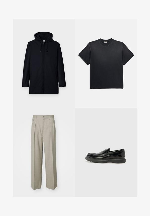 Juodas, gobtuvu aptemptas paltas su minimalistiniu dizainu. Turi šonines kišenes, lygų paviršių ir tiesią siluetą. Modernus ir funkcionalus stilius.; Juodas medvilninis marškinėliai su apvaliu kaklu ir trumpomis rankovėmis. Turi laisvą siluetą, lygią tekstūrą ir minimalistinį dizainą.; Filippa K WIDE TROUSERS - Kelnės - sage melange; Juodas odinis loaferis su blizgiu paviršiumi, apvaliu pirštu, subtiliais siūlių detalėmis ir storu guminio pado, užtikrinančio ilgaamžiškumą.