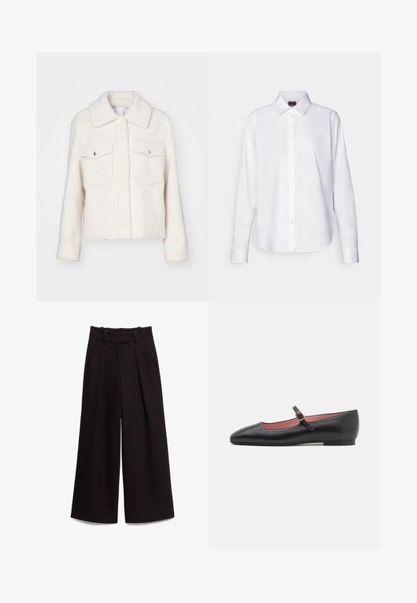 White fluffy jacket made of soft material, featuring a collar, two front pockets with snap buttons, and long sleeves.; White long-sleeve button-up shirt made of cotton. Features a classic collar and subtle branded embroidery on the chest. Smooth texture.; Black wide-leg trousers made of smooth fabric, featuring a high waist, belt loops, and two front pockets. Pleated design adds texture.; Black leather flat shoe with a pointed toe and ankle strap featuring a gold buckle. Smooth texture with a slightly glossy finish.