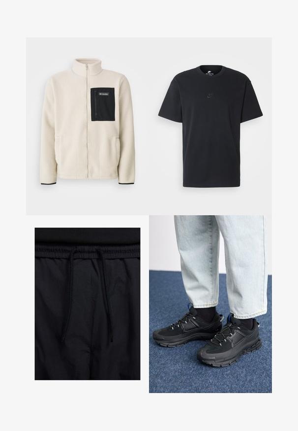 Casaco de fleece em off-white com um bolso de peito com fecho preto e acabamentos pretos. Apresenta um colarinho alto e bolsos frontais arredondados.; T-shirt de algodão preto da Nike com um clássico decote redondo, mangas curtas e um logótipo em relevo discreto no peito. Textura suave.; Calções pretos com um cós elástico ajustável, fabricados em tecido leve com uma textura suave e um design simples, sem logótipos ou padrões visíveis.; Sapatilhas desportivas pretas com tecido texturizado e solas em borracha, apresentando atacadores elásticos e um detalhe azul no calcanhar. Usadas com calças de ganga claras.