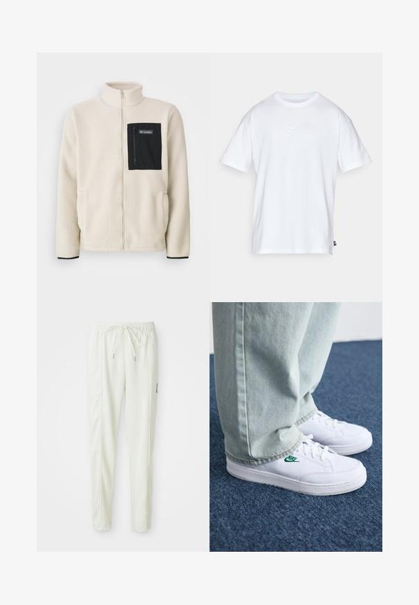Casaco de fleece em off-white com um bolso de peito com fecho preto e acabamentos pretos. Apresenta um colarinho alto e bolsos frontais arredondados.; T-shirt de algodão branco com mangas curtas e decote redondo. Apresenta um pequeno e discreto logótipo da Nike no peito e uma etiqueta lateral.; Calças jogger slim-fit brancas com cintura elástica e cordão, apresentando detalhes nas costuras laterais e um pequeno patch preto na perna direita.; Tênis de couro brancos com logo verde da Nike, bico redondo, sola plana, combinados com calças de denim azul claro, exibidos sobre um tapete azul.