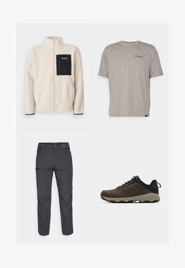 Švarkas iš vilnos, off-white spalvos, su juoda zip dėkle krūtinėje ir juodais akcentais. Yra aukšta apykaklė ir suapvalinti priekiniai kišeniai.; Pilkas trumpas rankovės marškinėliai, pagaminti iš minkštos, tekstūruotos medžiagos, ant kairiojo krūtinės puikuojasi mažas mėlynas Patagonia logotipas. Be papildomų raštų.; Tamsiai pilki kelnės, pagamintos iš patvarios medžiagos, su užtrauktuku užsegamu kišeniu, tiesiu kirpimu ir diržo kilpom pritaikytiems dydžiams.; Rudi nepralaidūs sportbačiai su tekstūruota viršutine dalimi, perforuotomis detalėmis, juodu kulno palaikymu ir pilku guminio padu. Šniūreliai yra dekoruoti metaliniais galais.