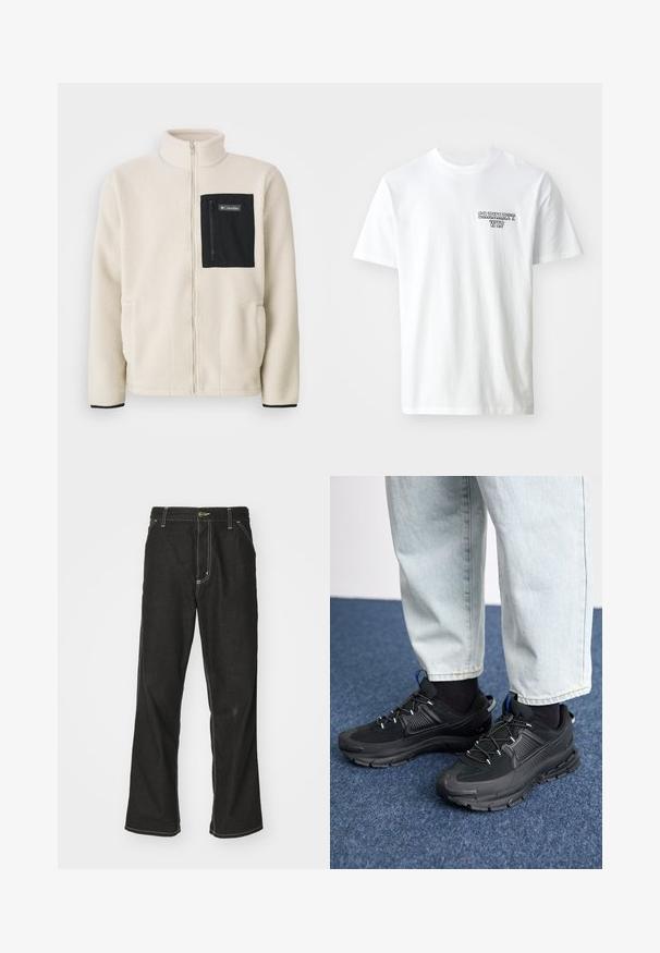 Casaco de fleece em off-white com um bolso de peito com fecho preto e acabamentos pretos. Apresenta um colarinho alto e bolsos frontais arredondados.; T-shirt de algodão branco com decote redondo. Apresenta um pequeno logótipo em texto azul "CARHARTT WIP" no lado esquerdo do peito. Corte clássico, mangas curtas.; Calças de ganga pretas de corte largo, com costuras brancas em contraste, fecho de botão e design de perna reta.; Sapatilhas desportivas pretas com tecido texturizado e solas em borracha, apresentando atacadores elásticos e um detalhe azul no calcanhar. Usadas com calças de ganga claras.