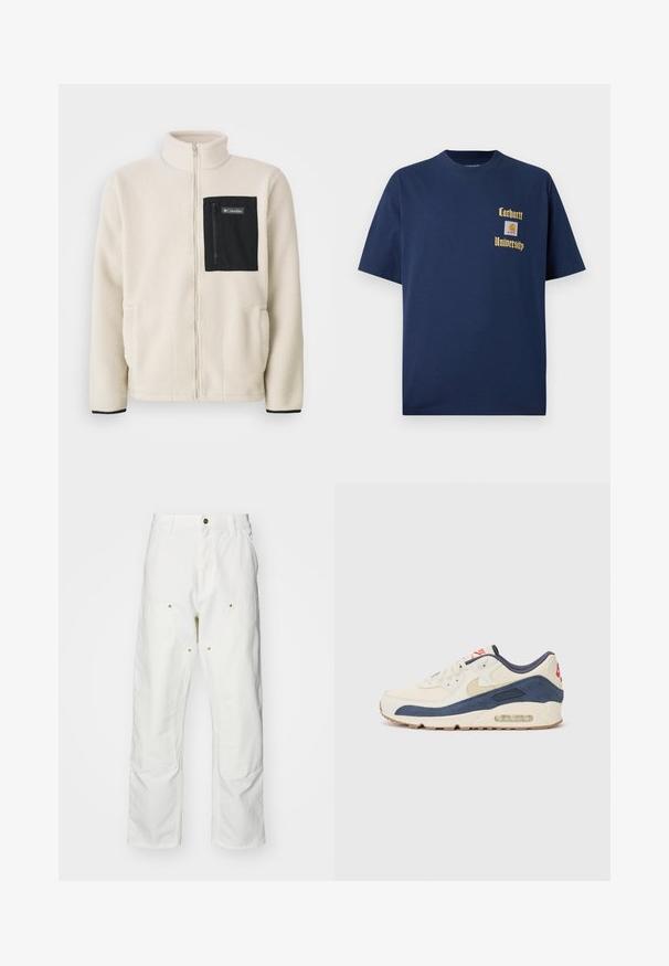 Μπουφάν fleece σε off-white απόχρωση με μαύρη τσέπη στο στήθος με φερμουάρ και μαύρες λεπτομέρειες. Διαθέτει ψηλό γιακά και στρογγυλεμένες εμπρόσθιες τσέπες.; Σκούρο μπλε βαμβακερό T-shirt με κοντά μανίκια, με χρυσό κείμενο "Carhartt University" και λογότυπο ραμμένο στο αριστερό στήθος.; Λευκά βαμβακερά cargo παντελόνια με χαλαρή εφαρμογή. Ενδεικτικά χαρακτηριστικά περιλαμβάνουν μπροστινές τσέπες, χρυσές λεπτομέρειες και ενισχυμένα γόνατα.; Αθλητικά παπούτσια με επάνω μέρος από κρεμ δέρμα και ναυτικό σουέτ, διαθέτοντας ορατή σόλα αέρος, μπεζ καουτσούκ σόλα και κόκκινη λεπτομέρεια στη φτέρνα.