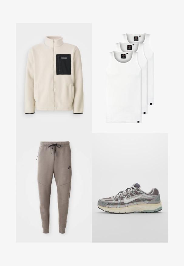 Fleece jacket in off-white with a black zippered chest pocket and black trim. Features a high collar and rounded front pockets.; Three white ribbed tank tops made of cotton. Features a crew neck and small black labels near the hem. Available in multiple sizes.; Gray Nike sweatpants with a drawstring waistband, tapered legs, side pockets, and distinct seam detailing. Soft, textured fabric.; Gray athletic shoe featuring a mesh and suede upper, white accents, a cushioned sole, and a distinctive design with reflective elements.