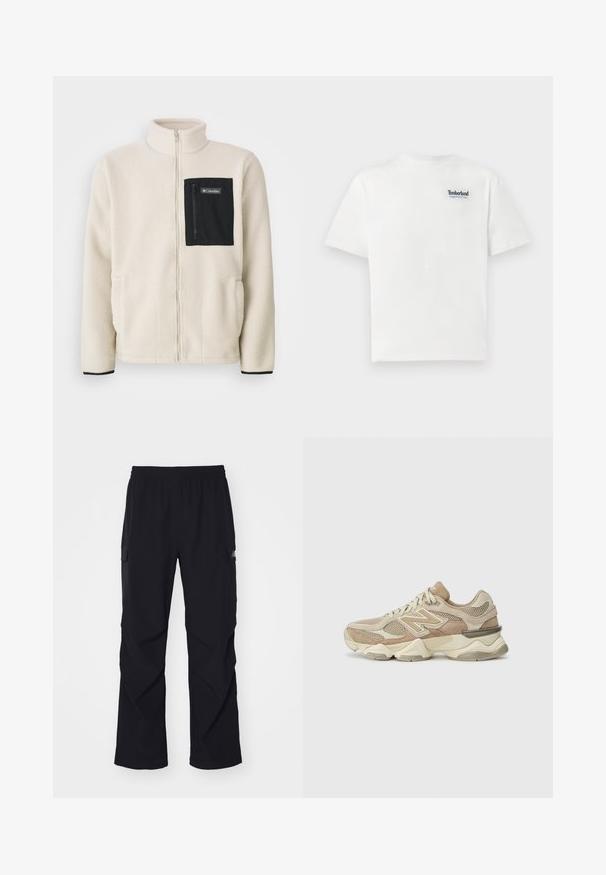 Giacca in fleece color avorio con tasca sul petto con zip nera e rifiniture nere. Caratterizzata da un colletto alto e tasche frontali arrotondate.; T-shirt bianco in cotone con logo ricamato blu "Timberland Rugged Active Gear" sul lato sinistro del petto. Maniche corte e colletto rotondo.; Pantaloni cargo neri realizzati in materiale leggero, con vita elastica, tasche laterali e design a gamba dritta.; Scarpe da ginnastica beige con materiali in rete e suede, punta rotonda, suola spessa e notevoli dettagli riflettenti sui lati.