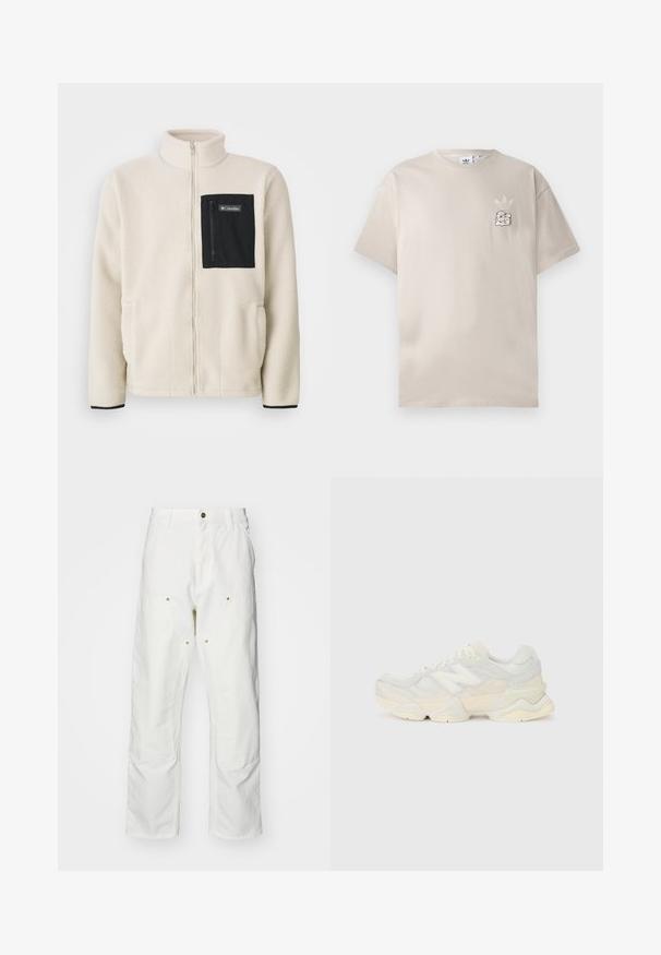 Fleec jakna u off-white boji s crnim zatvorenim džepom na prsima i crnim obrubom. Ima visoki ovratnik i zaobljene prednje džepove.; Bež pamukasta majica s okruglim izrezom, kratkim rukavima i suptilnim grafičkim logotipom na lijevoj strani prsnog koša. Mekana tekstura, jednostavan dizajn.; Bijele pamučne cargo hlače s opuštenim krojem. Značajke uključuju prednje džepove, zlatne detalje i ojačane dijelove koljena.; Lagana tenisica s gornjim dijelom od mrežice i antilopa u blagim krem tonovima, srobustnom potplatom i trodimenzionalnim detaljima.