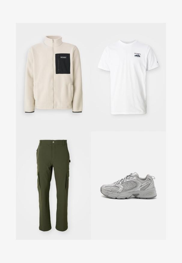 Fleecejacke in Off-White mit einer schwarzen Reißverschlusstasche auf der Brust und schwarzem Besatz. Sie verfügt über einen hohen Kragen und abgerundete Fronttaschen.; Weißes Baumwoll-T-Shirt mit kurzen Ärmeln. Verfügt über ein dunkelblaues Logo auf der linken Brust. Einfaches Rundhals-Design, weiche Struktur.; Olivgrüne Cargo-Hosen aus leichtem Stoff. Sie verfügen über gerade Beine, mehrere Seitentaschen und einen Knopfverschluss an der Taille.; Silberner Sportschuh mit schlankem Design, Mesh-Einsätzen, gepolstertem Schaft, strukturiertem Synthetik-Obermaterial und Gummisohle für Traktion.