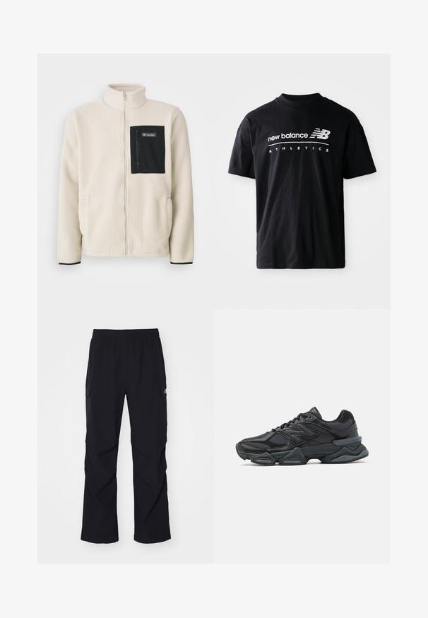 Fleecejack in off-white met een zwart ritszak op de borst en zwarte details. Heeft een hoge kraag en ronde voorzakken.; Zwarte katoen t-shirt met een ronde hals, korte mouwen en witte tekstgraphics van "new balance" en "ATHLETICS" op de voorkant.; Zwarte cargo broek van lichtgewicht materiaal, met een elastische tailleband, zijzakken en een recht gesneden ontwerp.; Zwarte hardloopschoen met een mix van mesh en synthetische materialen, een stevige zool, gebogen ontwerp en prominente branding op de zijkant.
