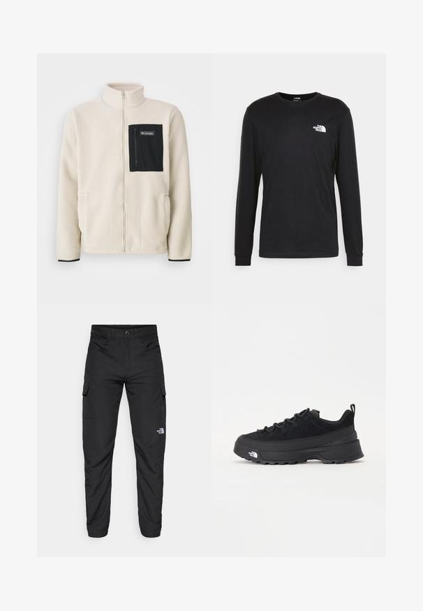 Fleec jakna u off-white boji s crnim zatvorenim džepom na prsima i crnim obrubom. Ima visoki ovratnik i zaobljene prednje džepove.; Crna majica dugih rukava od pamuka, s bijelim logotipom na lijevoj strani prsnog koša i rebrastim manžetama. Glatka tekstura s okruglim dekolteom.; The North Face HORIZON PANT - Hlače za otvoreno - black; Crne vanjske tenisice s gornjim dijelom od antilopa, teksturiranim gumenim potplatom i čvrstim sustavom vezanja. Imaju ojačan petni deo i logo brenda sa strane.