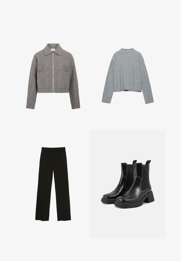 VILA VIJADAS - Overgangsjakke - medium grey melange; Grå strikket cropped sweater med rund halsudskæring, sænkede skuldre og ribbet tekstur. Ingen synlige pynt eller mønstre.; Sorte brede bukser lavet af et glat stof, med en tætsiddende talje og subtile frontfolder for ekstra tekstur.; Sorte læder Chelsea-støvler med en kraftig hæl, elastiske sidepaneler og kontrastfarvet hvid syning. Tekstureret overflade.