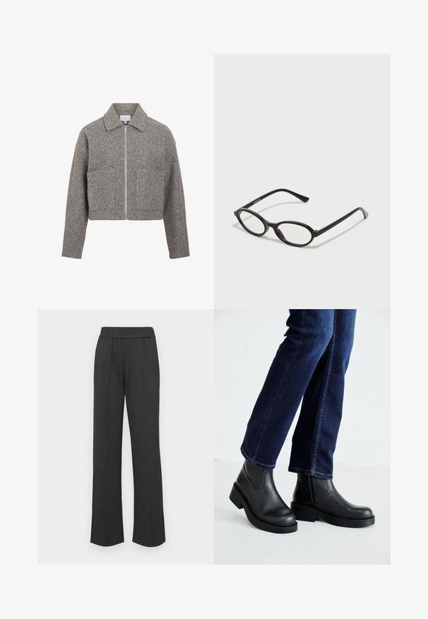 VILA VIJADAS - Viegla jaka - medium grey melange; Divi ilgiem piedurknēm tops, viens melns un otrs balts, abiem ir kvadrāta izgriezums un tie ir izgatavoti no mīksta, elastīga auduma.; Melni taisni bikses ar elastīgu jostu, priekšējiem krokām, mīkstu audumu un bez redzamām rakstu vai aparatūras detaļām.; Melnas ādas potīšu zābaki ar masīvu zoli un sānu elastīgām daļām, kombinēti ar tumši ziliem džinsiem. Zeme ir gaišā krāsā.; Melna ovāla ietvara briļļu saulesbrilles ar caurspīdīgām purpura akcentiem uz lēcām. Ietvariem ir matēta apdare un plānas, taisnas kājas.