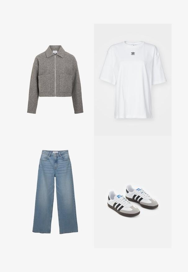 VILA VIJADAS - Overgangsjakke - medium grey melange; Hvid kortærmet t-shirt lavet af bomuld. Har en rund halsudskæring og et lille sort Adidas-logo på brystet. Lige skåret kant.; Lys blå vidde jeans lavet af denim. Har høj talje, fem lommer og lige pasform med minimal fading.; Sportsko med en overdel i hvid læder, grå ruskind på tåen og tre sorte striber. Har et blåt logo på tungen og en struktureret gummisål.