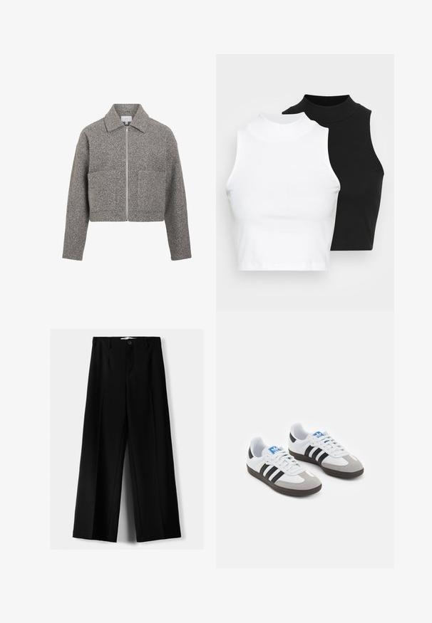 VILA VIJADAS - Overgangsjakke - medium grey melange; To kjoleløse ribbede turtleneck-toppe i sort og hvid, med en tætsiddende design og glat tekstur, samt cropped længde.; Sorte brede bukser lavet af letvægtsstof, med frontknaplukning og glat front, samt pænt syede kanter.; Sportsko med en overdel i hvid læder, grå ruskind på tåen og tre sorte striber. Har et blåt logo på tungen og en struktureret gummisål.