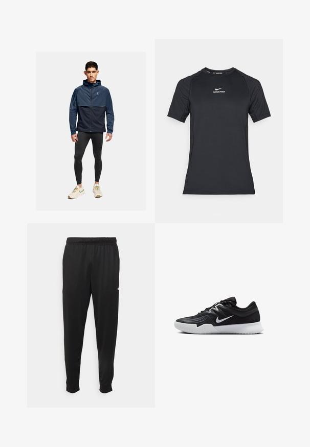 Blue and navy windbreaker jacket with a zip front, hood, and contrasting lower panel, paired with black leggings and light sneakers.; Black short-sleeve Nike Pro athletic compression shirt with white Nike logo centered on the chest.; Black athletic pants made of smooth fabric, featuring an elastic waistband, tapered legs, and a small white logo on the left side.; Black athletic shoe with a textured upper, white Nike swoosh, and a white rubber outsole. Features a lace-up design and dynamic shape.