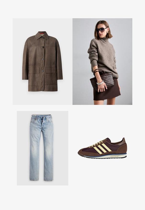 Brun läderjacka med krage, knappstängning och två stora fickor. Den har en strukturerad yta och en lös passform.; Vit bomulls-T-shirt med korta ärmar, rund halsringning och slät textur. Baksidan är enfärgad utan några extra mönster eller design.; Ljusblå denimjeans med rakt ben, femknäppning och bakfickor med subtila sömdetaljer.; Bruna och burgundy sneakers i mocka och mesh-material, med tre krämfärgade ränder, textil på tungan och en gummisula.; DRAGON DIFFUSION MINI FLAT GORA - Handväska - dark brown
