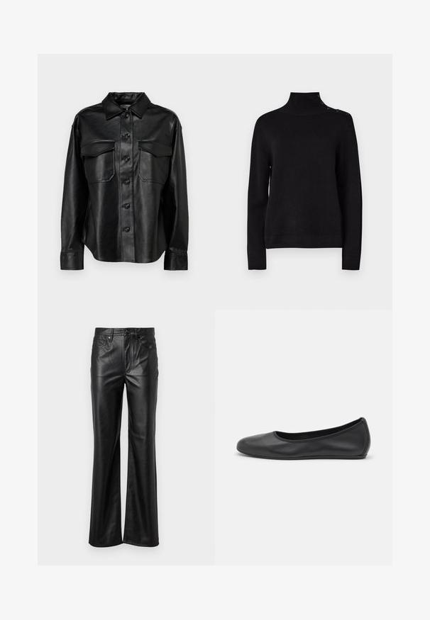 Melna ādas krekla jaka ar pogu priekšu, diviem krūšu maciņiem un klasisku apkakli. Iezīmē gludu tekstūru un piegriezumu.; Melnas džemperis ar augstu apkakli, garām piedurknēm, ribota tekstūra un sānu pogu detaļa uz pleca. Vienkāršs dizains, bez redzamām rakstu norisēm.; Melnas ādas bikses ar taisnu kāju dizainu, ar pogu slēgšanu, jostas cilpiņām un priekšējām kabatām. Gluda tekstūra un minimāls noformējums.; Melna ādas baleta kurpe ar noapaļotu purngalu, gludu tekstūru, minimālu šuvju detalizāciju un elastīgu zoles dizainu.