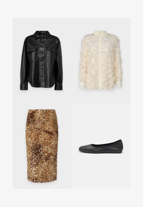 Schwarze Lederhemdjacke mit Knopfleiste, zwei Brusttaschen und klassischem Kragen. Sie verfügt über eine glatte Textur und eine taillierte Passform.; Marella DOUGLAS - Bluse - vaniglia; Goldfarbene Pailletten-Bleistiftrock mit einer eng anliegenden Silhouette, die eine glatte Textur und einen schimmernden Glanz aufweist.; Schwarze Leder-Ballettschuhe mit abgerundeter Spitze, glatter Textur, minimalen Nähdetails und einem flexiblen Sohlen-Design.