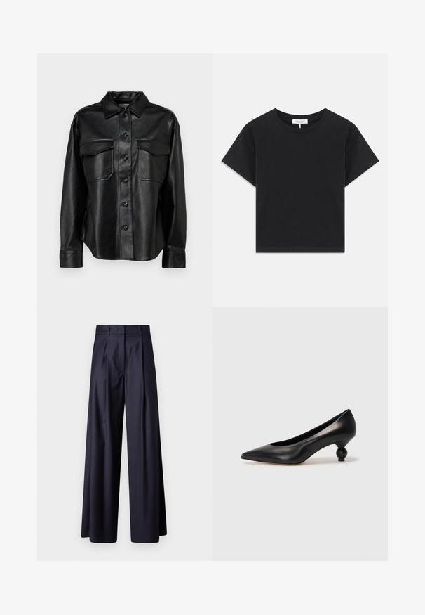 Sort læder skjortejakke med knaplukning foran, to brystlommer og en klassisk krave. Har en glat tekstur og en skræddersyet pasform.; Sort cropped t-shirt lavet af bomuld, med rund halsudskæring, korte ærmer og et enkelt design uden mønstre eller pynt.; Vide benbukser i mørkeblå stof, der har plisseringer, en glat tekstur, et skræddersyet design og et højt talje.; Sort læder høje hæle med spids tå og rund, kugleformet hæl. Glat tekstur med et stilrent, minimalistisk design.