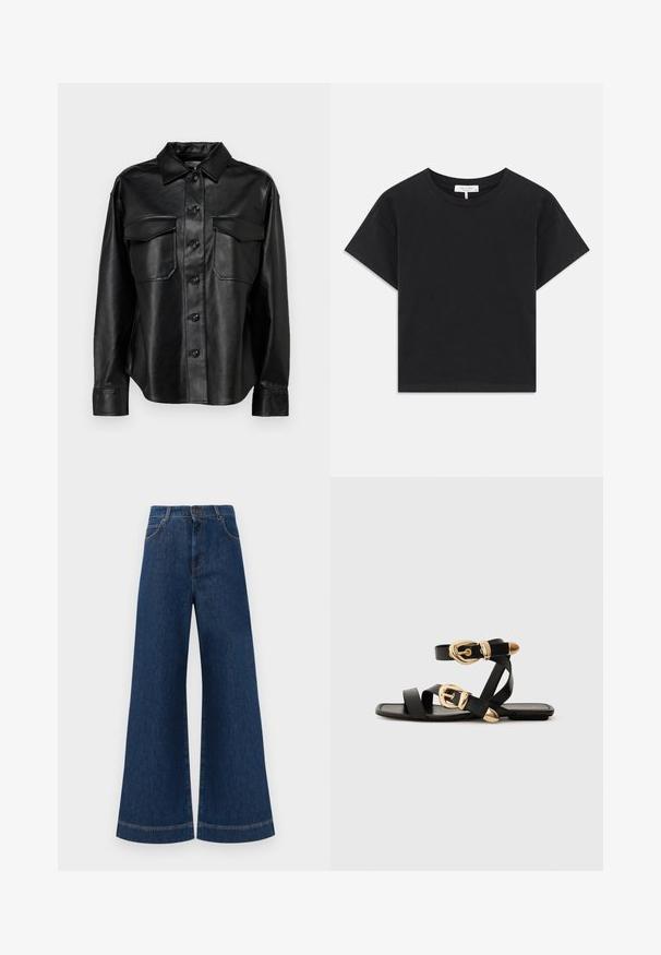 Veste en cuir noir avec fermeture à boutons sur le devant, deux poches poitrine et un col classique. Présente une texture lisse et une coupe ajustée.; T-shirt noir cropped en coton, avec un col rond, des manches courtes et un design simple sans motifs ni embellissements.; Jeans en denim bleu à taille haute et jambes larges, avec une fermeture à bouton, des passants de ceinture et des détails de couture subtils le long des poches et des ourlets.; Sandales en cuir noir avec des accents de boucles dorées, présentant plusieurs brides et un design de semelle plate pour un port ouvert.