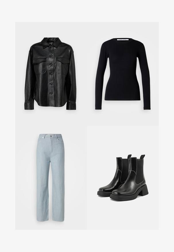 Zwarte leren overhemdjacket met een knoopsluiting aan de voorkant, twee borstzakken en een klassieke kraag. Heeft een gladde textuur en een getailleerde pasvorm.; Zwarte lange mouwen top van ribstof. Heeft een ronde halslijn en een getailleerde pasvorm. Geen patronen of versieringen. Eenvoudig ontwerp.; Lichtblauwe recht gesneden jeans van denim. Heeft vijf zakken, een metalen knoopsluiting en subtiele whisks voor textuur.; Zwarte leren Chelsea-boots met een chunky hak, elastische zijpanelen en contrasterende witte stiksels. Gestructureerde afwerking.