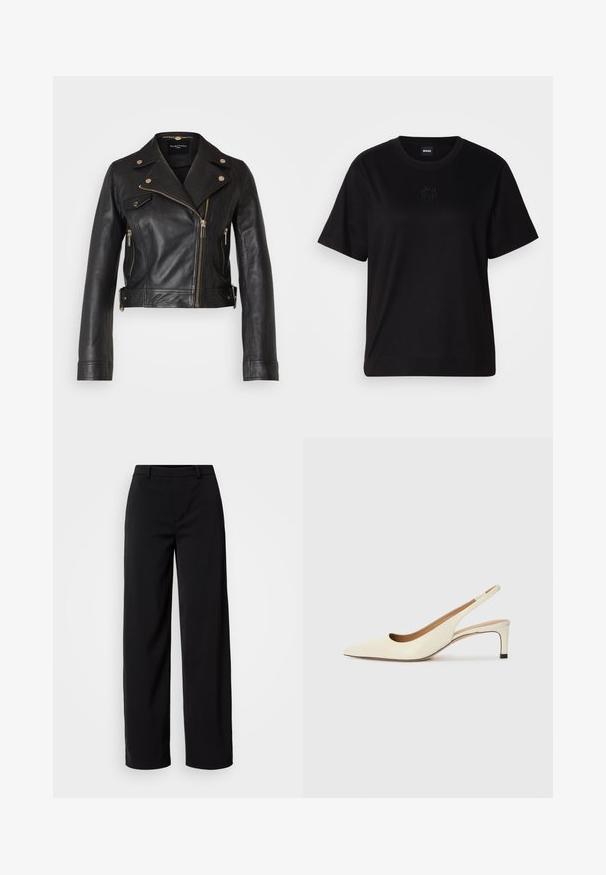 Mustast nahksoojak, millel on hõbedased tõmblukud, klõpsnupud ja sobiv disain. Omab kraega kaelaosa ja lühikest pikkust.; Mustmust särk, millel on ümar kaelus, lühikesed varrukad ja tindiga tikitud logo rinnal. Lihtne, mugav lõige ilma mustriteta.; Mustad laiad mustad püksid, mis on valmistatud sujuvast kangast, klassikalise vöökohaga ja kohandatud siluetiga, millel on esiküljel taskud.; Kitsaste ninaga slingback-kingad heledast nahast, madala kontsaga ja lõikega disainiga, millel on sile tekstuur ja minimaalne aksessuaaride kasutus.