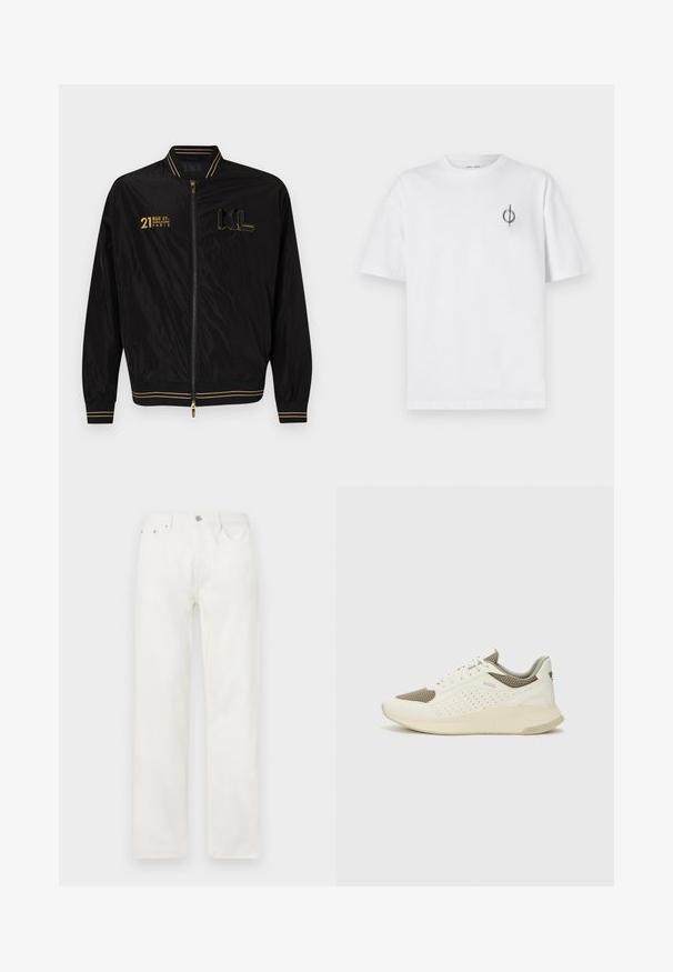Mustmust süsinik musta bomber-jakk kuldsete aktsentidega, lukuga ees, soonikute ja äärtega, mille esipinnal on trükitud tekst ja logod. Sile nailonmaterjal.; Valge puuvillane t-särk lõdva sobivusega, millel on vasakul rinnal väike must graafiline logo. Lühikesed varrukad, ümmargune kaelus.; Valged denim teksad sirge lõikega, nööbi ja tõmblukuga sulgemine, viie taskuga disain ning ilma nähtavate mustrite või aktsentideta.; Valge ja heledat beeži värvi spordijalats, millel on õhuke võrkmaterjal, perforatsioonidega detailid ning tekstuuriga vahetald, millel on brändi logo kannaosas.