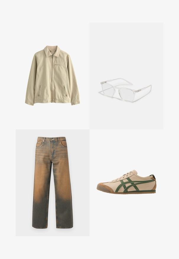 Beige katoenen jas met een kraag, voorrits en twee zijzakken met ritssluiting. Voorzien van een kleine borstzak met ritssluiting. Soepele textuur.; Olijfgroene gebreide trui met een ronde hals, lange mouwen en ribgebreide manchetten. Zachte textuur en een ontspannen pasvorm, met een iets verkorte tailleband.; Wijd-uitlopende jeans in verouderd blauw en bruin denim. Heeft een hoge taille, voorzakken en een klassieke knoopsluiting met metalen accenten.; Beige leren sneaker met groene accenten, voorzien van een ronde neus, platte zool en suède details op de neus en hiel.; CHPO ZEBBE UNISEX - Brillen met blauwlichtfilter - transperent