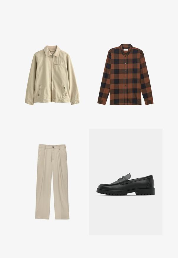 Beżowa bawełniana kurtka z kołnierzem, zamkiem błyskawicznym z przodu oraz dwiema bocznymi kieszeniami na zamek. Posiada małą kieszeń na zamek na piersi. Gładka faktura.; Brązowa i czarna koszula w kratę z długim rękawem, uszyta z materiału, z kołnierzykiem zapinanym na guziki i plisą z guzikami; ma mankiety zapinane na guziki.; Beżowe spodnie o prostym kroju, z pojedynczym czarnym guzikiem, szlufkami na pasek oraz bocznymi kieszeniami. Gładka faktura materiału i minimalistyczny design.; Czarne skórzane mokasyny z zaokrąglonym noskiem, posiadające przeszywany wzór, niską platformę oraz teksturowaną, gumową podeszwę z bieżnikiem.