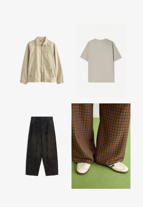 Veste en coton beige avec col, fermeture éclair à l'avant et deux poches latérales zippées. Dispose d'une petite poche zippée sur la poitrine. Texture lisse.; T-shirt en coton beige à manches courtes. Présente un design simple et un col rond. Texture lisse avec des coutures minimales à l'arrière.; Pantalon en denim noir à pattes larges avec des coutures visibles et des bords effilochés, doté de deux poches avant et d'une taille haute.; Un pantalon large à carreaux marron et bleu associé à des chaussures blanches avec des accents noirs et des semelles texturées, le tout sur fond vert.