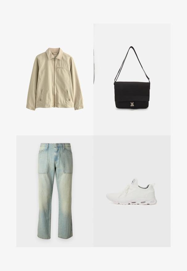 Beige Baumwolljacke mit Kragen, Frontreißverschluss und zwei seitlichen Reißverschlusstaschen. Besitzt eine kleine Reißverschlusstasche auf der Brust. Glatte Textur.; Hellgrau T-Shirt mit kurzen Ärmeln und Rundhalsausschnitt, auf einem schlichten weißen Hintergrund präsentiert.; Helle blaue Jeans mit geradem Bein, sichtbaren Nähten und zwei großen Fronttaschen. Der Stoff hat eine ausgewaschene Textur.; Weiße Sportschuhe mit einem strukturierten Strickobermaterial, flachen Schnürsenkeln und einer gepolsterten Sohle mit sichtbaren Luftkammern für zusätzlichen Halt.; Schwarze Umhängetasche aus glattem Material, mit einem umklappbaren Deckel, silbernem Verschluss und verstellbarem Schultergurt.