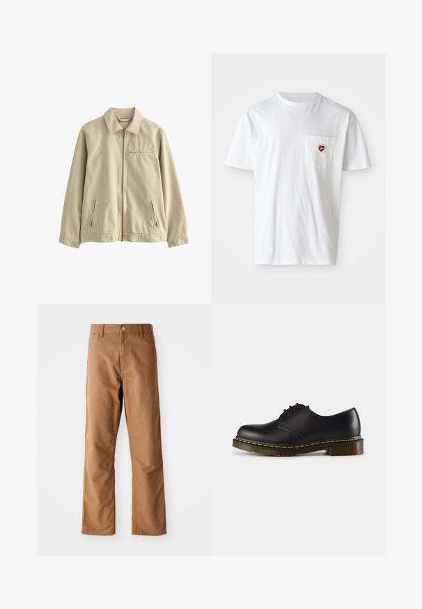 Smėlinis medvilnės švarkas su apykakle, priekiniais užtrauktukais ir dviem šoninėmis užtrauktukų kišenėmis. Yra maža užtrauktuku užsegama krūtinės kišenė. Lygi tekstūra.; Balta medvilninė marškinių suapvalintu kaklu ir trumpomis rankovėmis. Ant kairio krūtinės kišenės yra mažas raudonas širdelės logotipas.; Rudos tiesaus kirpimo kelnes su diržo kilpomis, priekinėmis kišenėmis, mygtuko užsegimu ir užtrauktuku ant balto fono.; Juodos odinės batai su apvaliu pirštu, su raišteliais, geltonu siūliniu aplink padą ir masyviu, tekstūruotu guminiu padu.