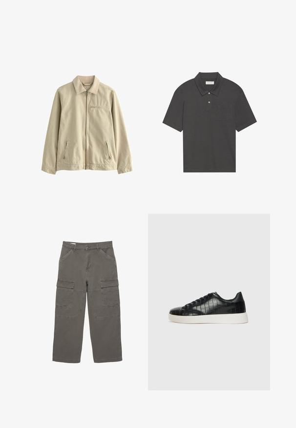 Veste en coton beige avec col, fermeture éclair à l'avant et deux poches latérales zippées. Dispose d'une petite poche zippée sur la poitrine. Texture lisse.; Polo shirt gris foncé avec un col traditionnel, une patte de boutonnage à trois boutons, des manches courtes et une poche sur la poitrine gauche. Tissu au toucher lisse.; Pantalons cargo en gris atténué, en tissu coton, dotés de deux poches latérales et de deux grandes poches frontales cargo, avec une coupe droite.; Baskets noires avec un dessus en cuir gaufré effet crocodile, bout rond et semelle en caoutchouc blanc contrastant avec une finition lisse.