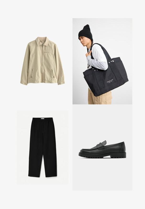 Bežová bavlnená bunda s golierom, predným zipsom a dvoma bočnými vreckami na zips. Obsahuje malé vrecko na zips na hrudi. Hladká textúra.; Čierne tričko s krátkym rukávom a okrúhlym výstrihom, vyrobené z mäkkého materiálu, s voľným, štvorcovým strihom a minimalistickým dizajnom.; Čierne nohavice s širokými nohavicami vyrobené z ľahkej tkaniny. Majú elasticitu v páse a hladký povrch. Bez viditeľných vzorov alebo kovania.; Čierne kožené mokasíny s okrúhlou špičkou, s prešitým dizajnom, nízkou platformou a textúrovanou, zúbkovanou gumovou podrážkou.; Čierna plátenná taška s dvoma pevným popruhmi, obsahujúca kovové akcenty a predné vrecká. Značka je zobrazená bielym textom na spodnej strane.
