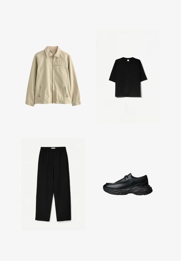 Beżowa bawełniana kurtka z kołnierzem, zamkiem błyskawicznym z przodu oraz dwiema bocznymi kieszeniami na zamek. Posiada małą kieszeń na zamek na piersi. Gładka faktura.; Czarna koszulka z krótkim rękawem, okrągłym dekoltem, wykonana z miękkiego materiału, o luźnym, pudełkowym kroju i minimalistycznym designie.; Czarne, szerokie spodnie wykonane z lekkiego materiału. Posiadają elastyczny pasek w talii oraz gładką teksturę. Brak widocznych wzorów czy elementów metalowych.; Czarne skórzane buty wsuwane z okrągłym noskiem i grubą, teksturowaną gumową podeszwą. Posiadają subtelne przeszycia oraz elastyczne akcenty na kołnierzu.