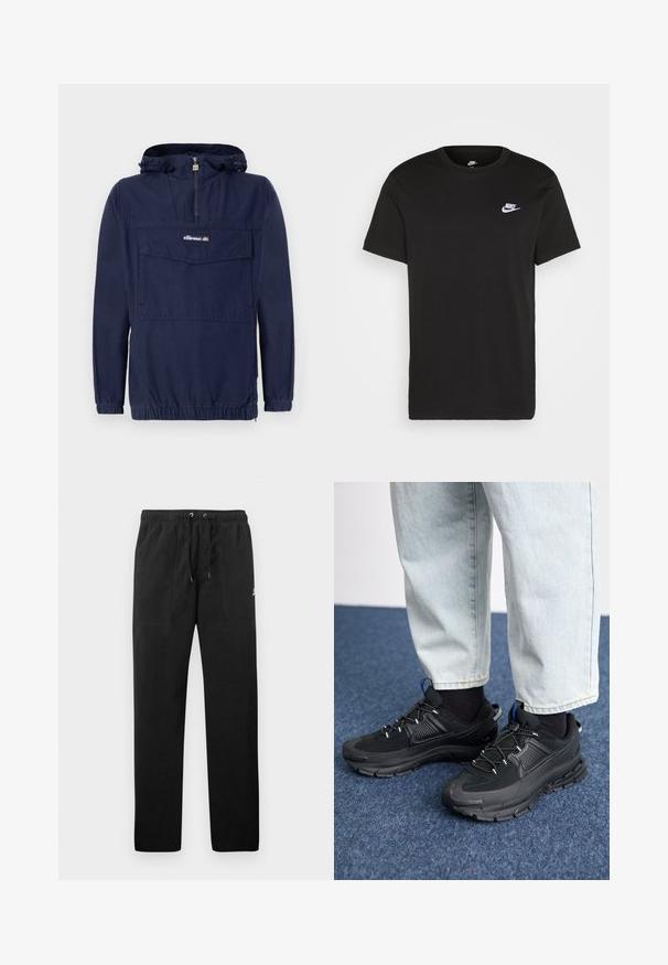 Laivaston sininen vetoketjullinen takki kevyestä kankaasta, jossa on neljänneksen vetoketju, säädettävä huppu ja edessä läpällä varustettu tasku.; Mustapaita, jossa on lyhyet hihat, pyöreä kaula-aukko ja pieni valkoinen Nike-logo vasemmassa ylärinnassa. Sileä rakenne. Klassinen malli.; Mustat collegehousut, jotka on valmistettu fleece-materiaalista ja joissa on joustava vyötärö, jossa on kiristysnyörit, kaksi etutaskua ja pieni logo reidessä.; Mustat urheilukengät, joissa on teksturoitu kangas ja kumipohjat, elastiset nauhat ja sininen yksityiskohta kannassa. Yhdistetty vaaleisiin farkkuihin.