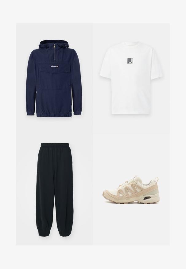 Mornarsko modra pulover jakna iz lahkega materiala, z četrtnim zadrgo, nastavljivo kapuco in sprednjim žepom s poklopcem.; Bela bombažna majica z osrednjim črno-sivim logotipom. Klasičen kroj z okrogłym izrezom in kratkimi rokavi ter udobnim fitom.; Črne, elastične hlače za prosti čas z ohlapnim krojem, manšetami na gležnjih, gladko teksturo in brez vidnih vzorcev ali dodatkov.; Bež in krem športni čevlji z teksturiranim mrežastim zgornjim delom, podpornimi prekrivali in gumijastim podplatom z vzorcem za oprijem.