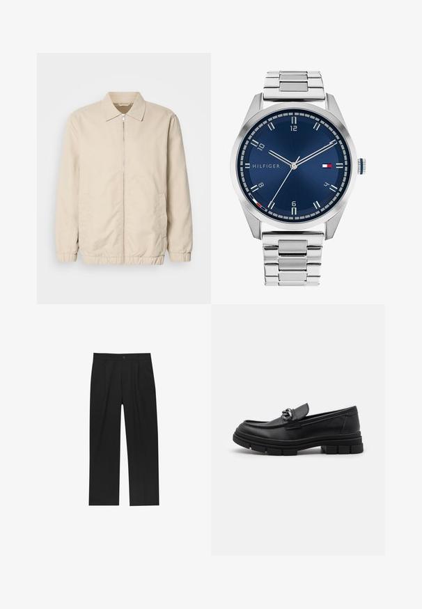 Beige leichte Jacke mit Reißverschluss, Kragen, elastischen Bündchen und Seitentaschen. Glatte Textur, gerader Schnitt und minimalistisches Design.; Zwei figurbetonte Tanktops in Schwarz und Weiß. Aus geripptem Baumwollmaterial hergestellt, verfügen sie über breite Träger und runde Ausschnitte. Branding am Kragen.; Schwarze Hose mit geradem Schnitt, aus einem glatten Stoff gefertigt. Verfügt über Vorderfalten und einen einzelnen Knopfverschluss an der Taille.; Schwarzer Lederloafer mit runder Zehenform, einem dekorativen Riemen und Hardware sowie einer robusten, strukturierten Sohle. Glatte Oberfläche mit dezenten Details.; Silberne Metall-Uhr mit einem gebürsteten blauen Zifferblatt, weißen Stundenmarkierungen und einem Datumsanzeiger. Verfügt über ein verlinktes Metallarmband und ein Markenlogo.
