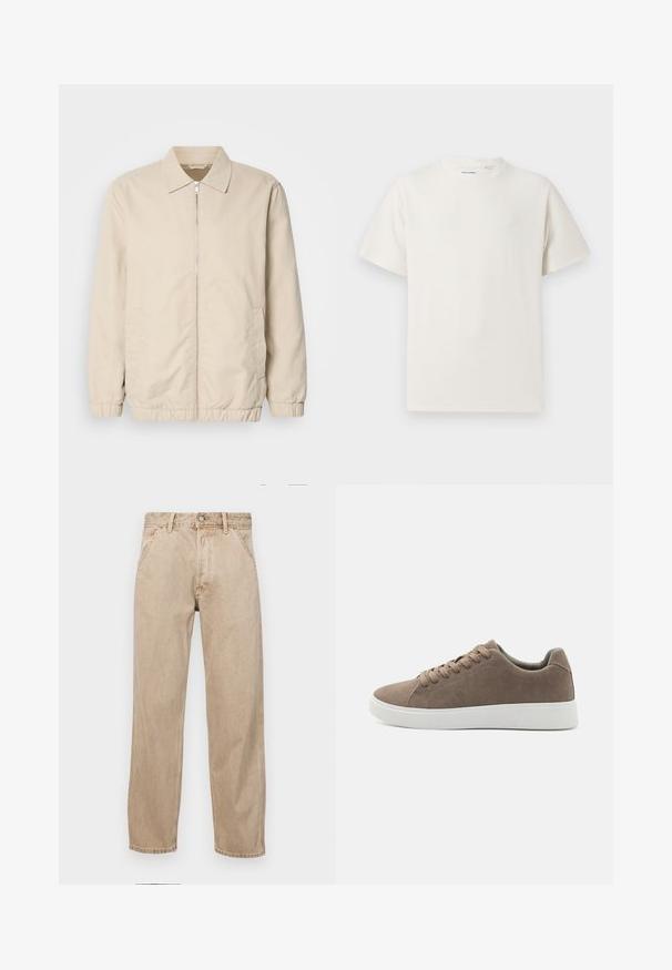 Bežna lahka jakna z zadrgo spredaj, ovratnikom, elastičnimi manšetami in stranskimi žepi. Gladka tekstura, raven kroj in minimalističen dizajn.; Bela majica s kratkimi rokavi iz rebraste tkanine. Okrogli izrez, sproščen kroj, brez vidnih vzorcev ali naglasov. Preprosta in vsestranska zasnova.; Beige jeans iz džinsa s ravnim nogavicama, ki imajo sprednje žepe, kovinsko zapiranje in subtilno teksturo.; Rjave semiš športne copate z ravnimi belimi gumijastimi podplati, vezanje, zaobljen konic in gladka tekstura. Minimalističen slog z diskretnimi šivi.
