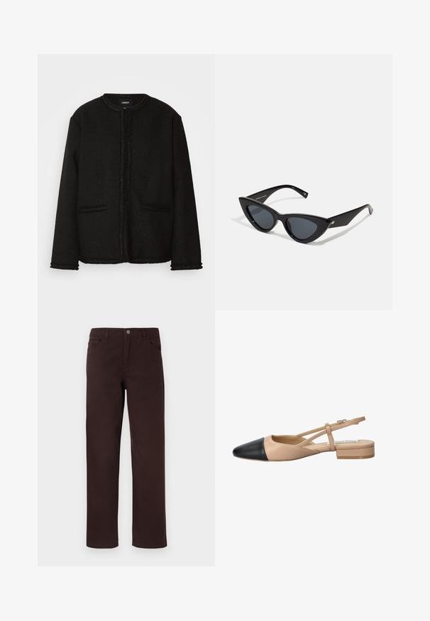 Black jacket made of textured fabric with a round neckline, front pockets, and a fringed trim along the edges and cuffs.; Dark brown shirt jacket made of cotton, featuring a collar, front button closure, two chest pockets, and silver buttons. Long sleeves.; Brown cotton pants with a straight-leg design, two front pockets, and a button closure at the waistband. Smooth texture with no visible patterns.; Beige and black two-tone slingback shoe with a pointed toe, flat heel, and crisscross strap detail. Smooth leather texture.; Cat-eye sunglasses with a glossy black plastic frame, dark lenses, and gold accent detailing on the temples. Angular design with sleek lines.