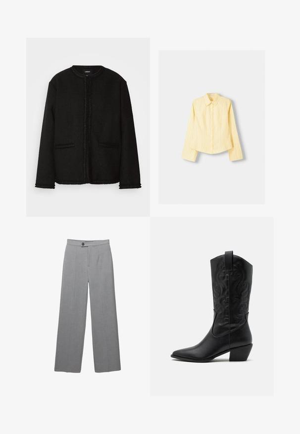 Czarna kurtka z teksturowanej tkaniny, z okrągłym dekoltem, przednimi kieszeniami oraz frędzlami wzdłuż krawędzi i mankietów.; Żółta koszula w paski z długimi rękawami, z ostrym kołnierzykiem i zapięciem na guziki z przodu. Posiada pionowe niebieskie paski i dopasowany krój.; Szare dopasowane spodnie o szerokich nogawkach, z płaskim przodem i subtelnie chropowatą fakturą. Posiadają pojedyncze zapięcie na guzik oraz czyste linie.; Czarne skórzane kowbojki z szpiczastym noskiem, z embosowanymi spiralnymi wzorami i średnim obcasem. Posiadają pętelkę do łatwego zakładania.