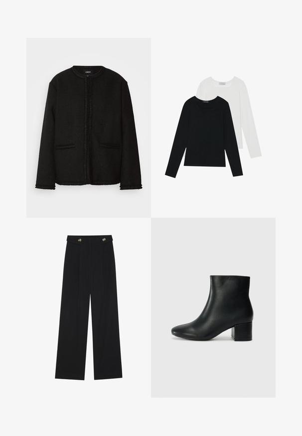 Giacca nera realizzata in tessuto strutturato con scollatura rotonda, tasche frontali e bordi e polsini frangiati.; Due magliette a maniche lunghe, una nera e una bianca, entrambe con scollo quadrato e realizzate in un tessuto morbido e elasticizzato.; Pantaloni neri a gamba larga con vita alta, dettagli con bottoni in vita e pieghe frontali.; Stivali neri in pelle fino alla caviglia con punta appuntita e tacco spesso. Texture liscia con minimi dettagli e un design elegante e aderente.