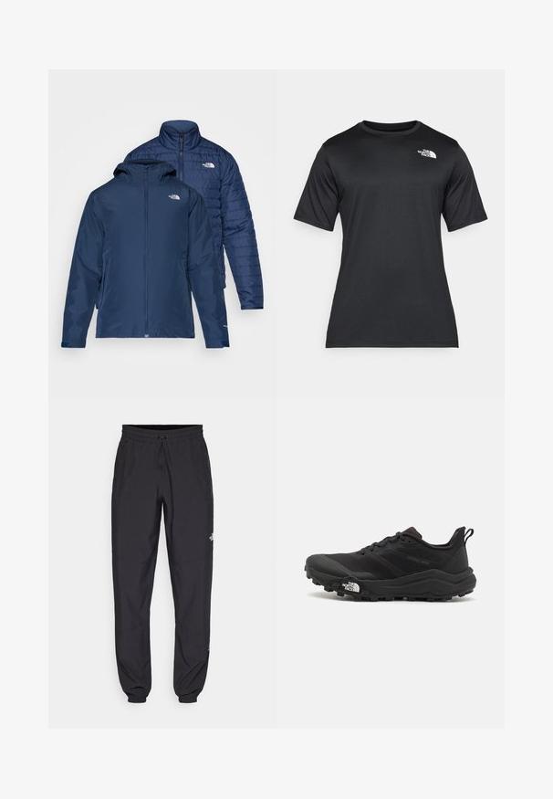 Casaco reversível azul-marinho com um exterior à prova d'água e um interior acolchoado isolante. Apresenta fechos de correr e bolsos laterais duplos.; Camiseta preta de manga curta feita de um tecido leve e que absorve a umidade. Apresenta um logo branco no lado esquerdo do peito e um decote redondo.; Calças atléticas pretas feitas de tecido leve, com um cós ajustável por cordão, bolsos laterais e punhos afunilados nos tornozelos.; Sapatilha de trail running preta com um upper texturizado, sola de borracha e biqueira reforçada. Possui um colarinho acolchoado e uma alça para facilitar o calçar.