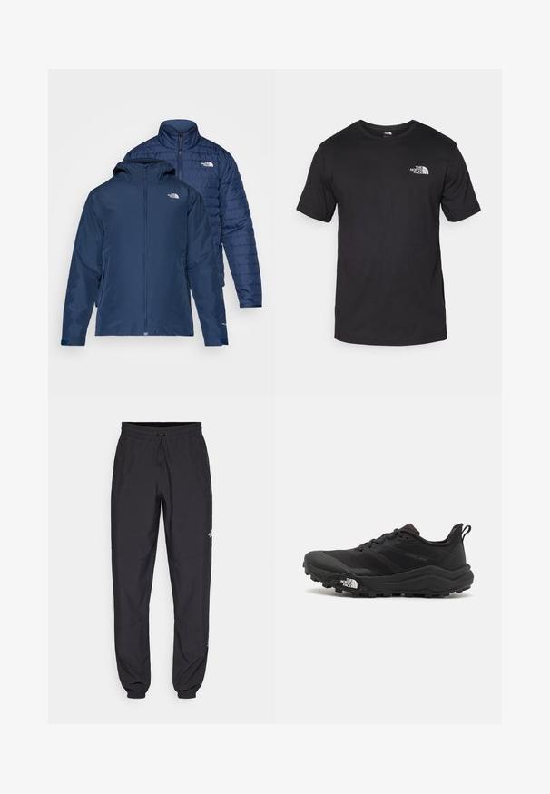 Mornarsko modra jakna, obojestranska, z vodoodporno zunanjostjo in toplotno izoliranimi vložki. Ima zadrge in dvojne stranske žepe.; Črna kratko sleeved majica iz bombaža, s krožnim izrezom in majhnim belim logotipom na zgornjem levem delu prsnega koša.; Črne atletske hlače iz lahkega materiala, ki imajo elastični pas z vezalko, stranske žepe in zožene manšete na gležnjih.; Črne tekaške čevlje za trail s teksturirano zgornjega dela, gumijastim podplatom in ojačanim zaključkom prstov. Vključuje oblazinjen ovratnik in zanko za enostavno obuvanje.