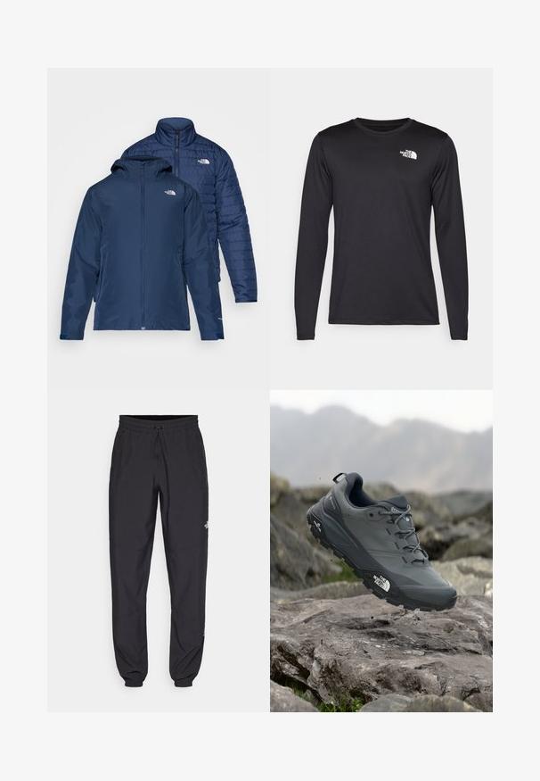 Navy blue reversible jacket with a waterproof exterior and insulated puffer interior. Features zippers and dual side pockets.; Long-sleeved black performance t-shirt made of lightweight fabric, featuring a white logo on the upper left chest. Smooth texture.; Black athletic pants made from lightweight fabric, featuring a drawstring waistband, side pockets, and tapered cuffs at the ankles.; Grey trail running shoe with a textured upper, durable rubber sole, and reinforced toe cap. Features laces and brand logo on the side.