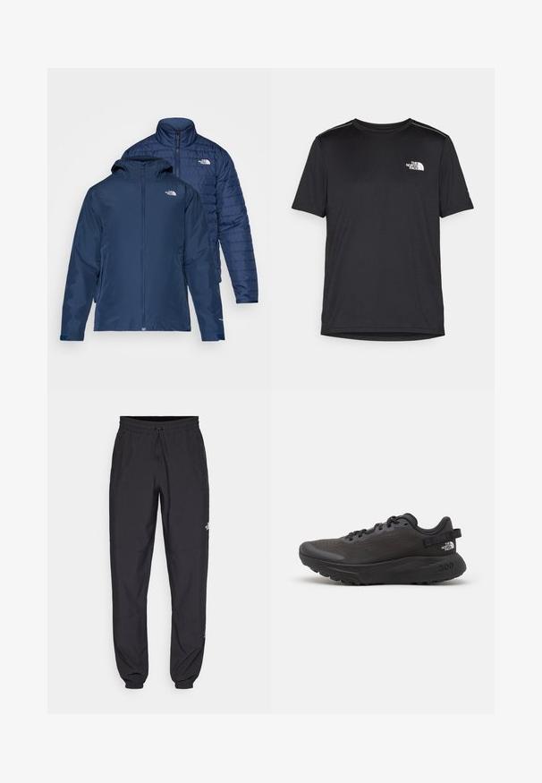 Jūras zilas reversa jakas ar ūdensnecaurlaidīgu ārpusi un izolētu pūkainu iekšpusi. Aprīkota ar rāvējslēdzējiem un divām sānu kabatām.; Melnas īsām piedurknēm T-kreklas, izgatavots no viegla auduma. Uz kreisā krūtīm ir neliels balts logo un smalki plecu akcenti.; Melni sporta bikses, kas izgatavotas no viegla auduma, ar savelcamu jostu, sānu kabatām un sašaurinātiem apakšējiem galiem pie potītēm.; Melna sporta apava ar sietiņu augšdaļu, mīkstu apkakli un gumijas zoli. Ar teksturētu dizainu un zīmolu uz papēža. Viegls konstrukcijas risinājums.